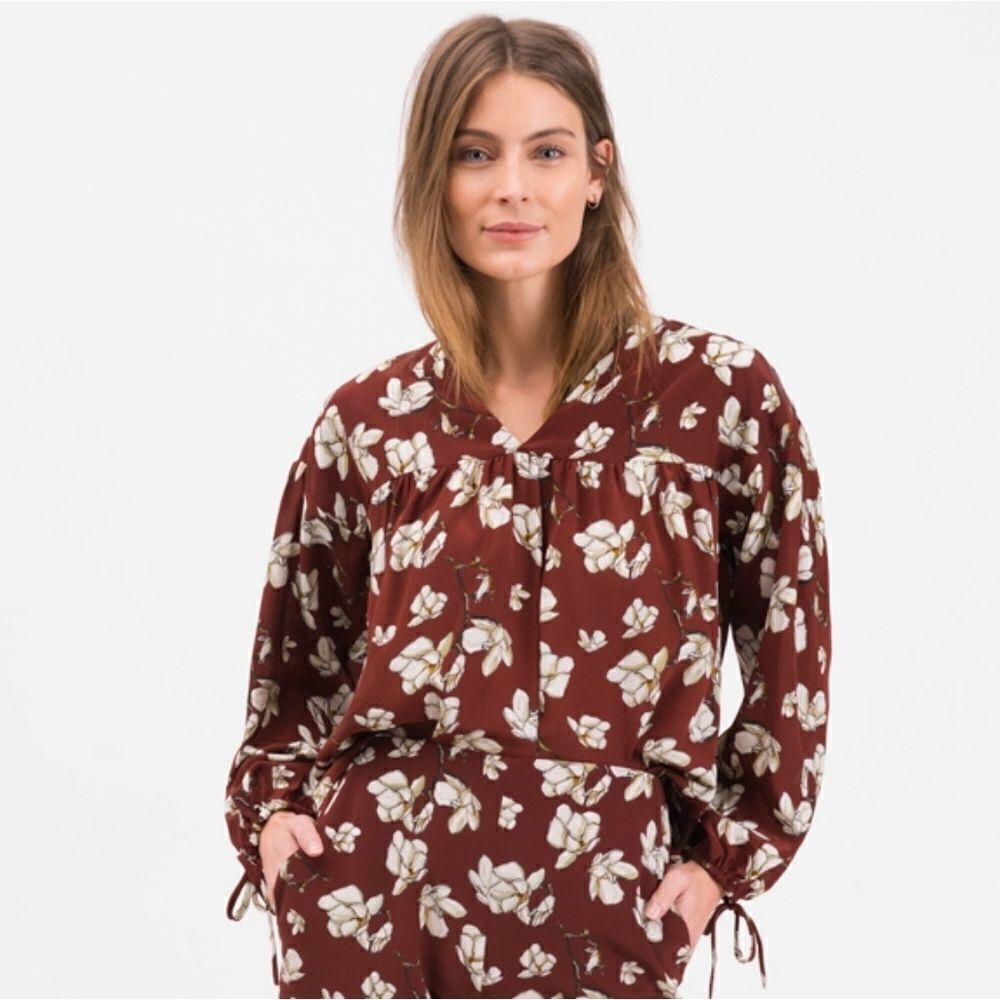 Tucker Bohemian Blouse Red Magnolia in Crepe de Chine Silk Floral